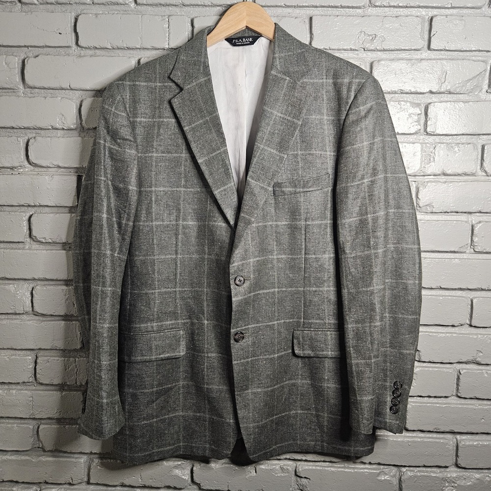 Jos. A Bank Mens Blazer 42R Windowpane Silk Linen Wool Grey